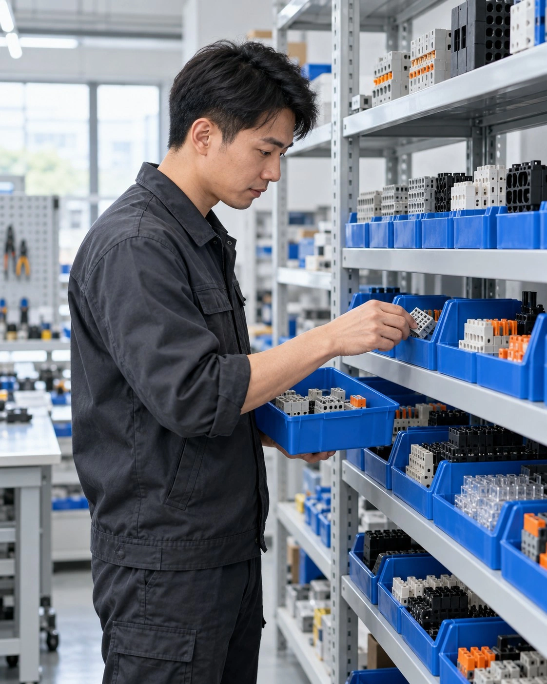 示意:技術人員整理電氣連接零件的工作情境